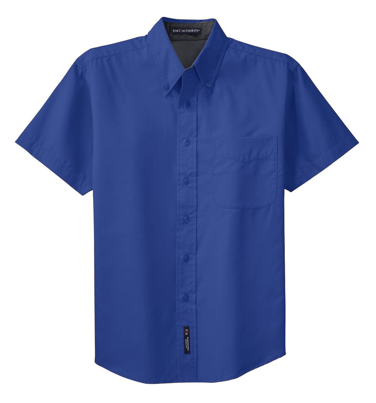 A short-sleeve button-up shirt in royal blue with a chest pocket and branding.
