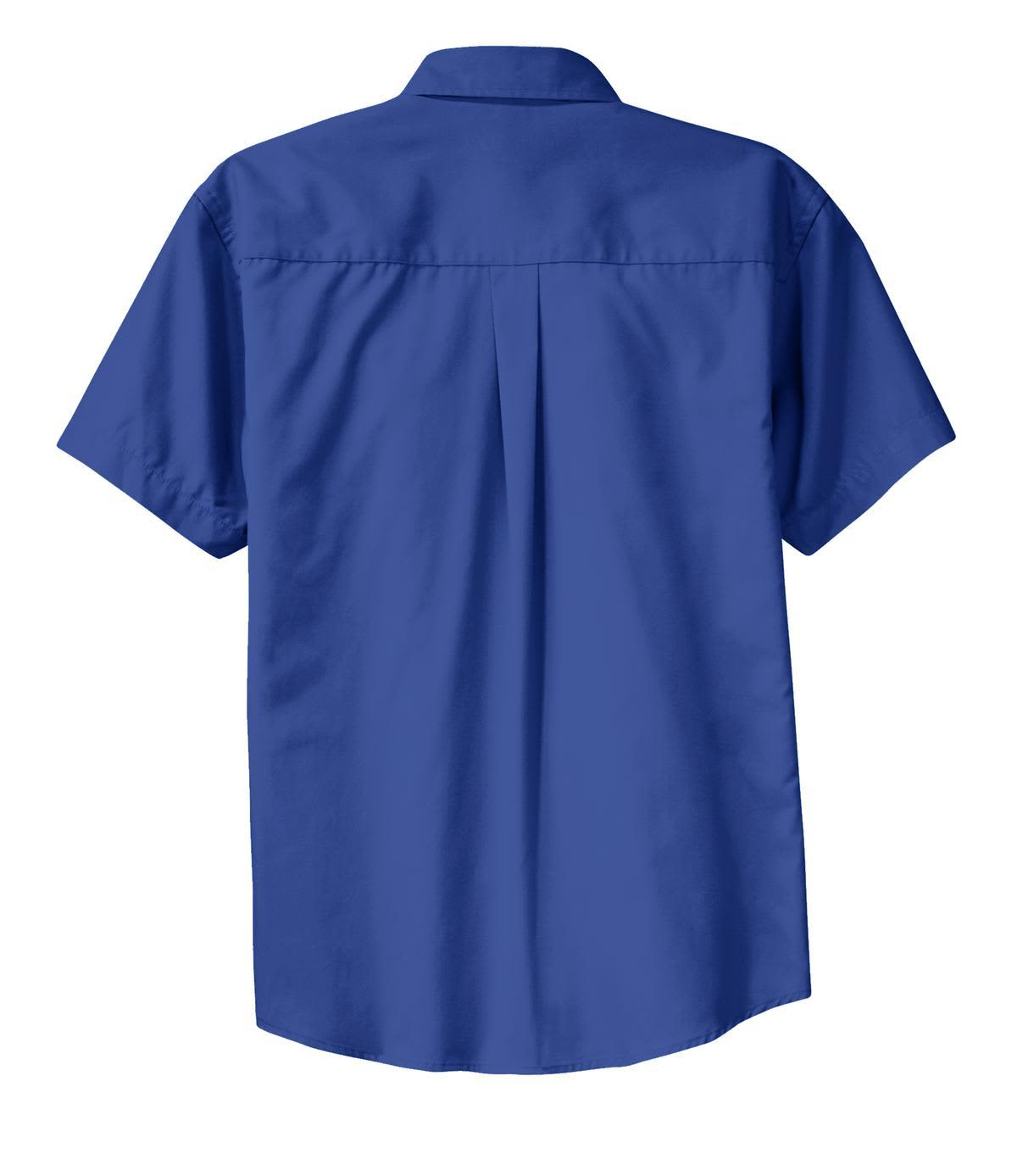 A blue short sleeve button-up shirt with a back pleat and a logo.