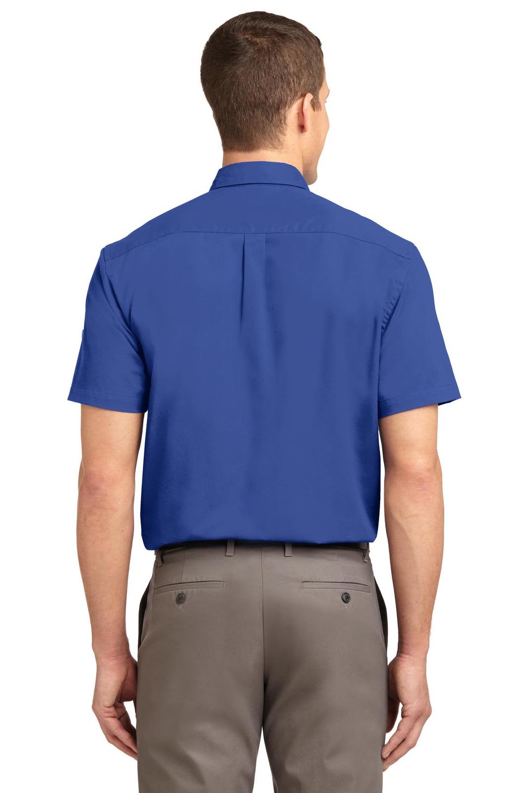 A short sleeve button-up shirt in blue, featuring a classic collar and a logo on the back.