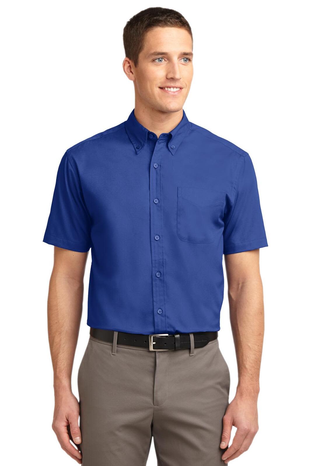A short sleeve blue button-up shirt with a collar and a left chest pocket, featuring a logo.