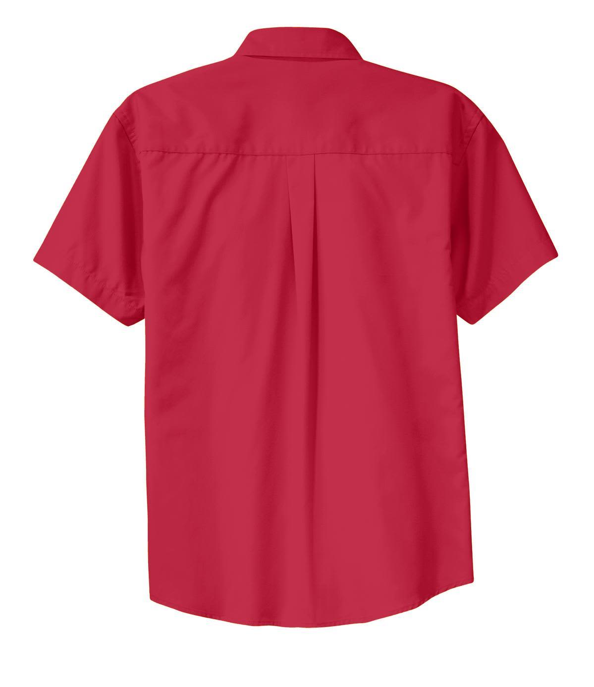 A red short sleeve button-up shirt with a back pleat and a logo.