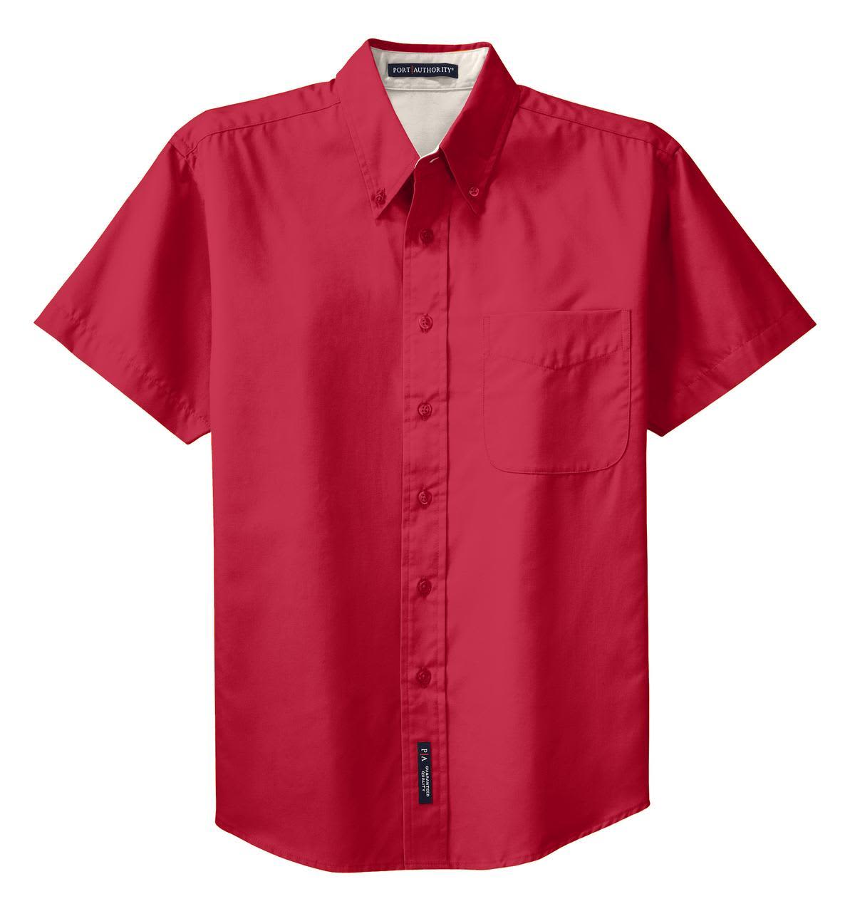 A red short sleeve button-up shirt featuring a collar and a chest pocket, with a logo tag.