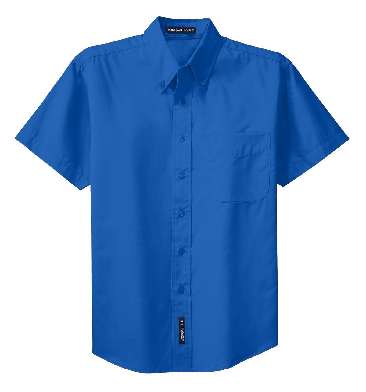 A short sleeve button-up shirt in bright blue with a pocket and a logo on the label.