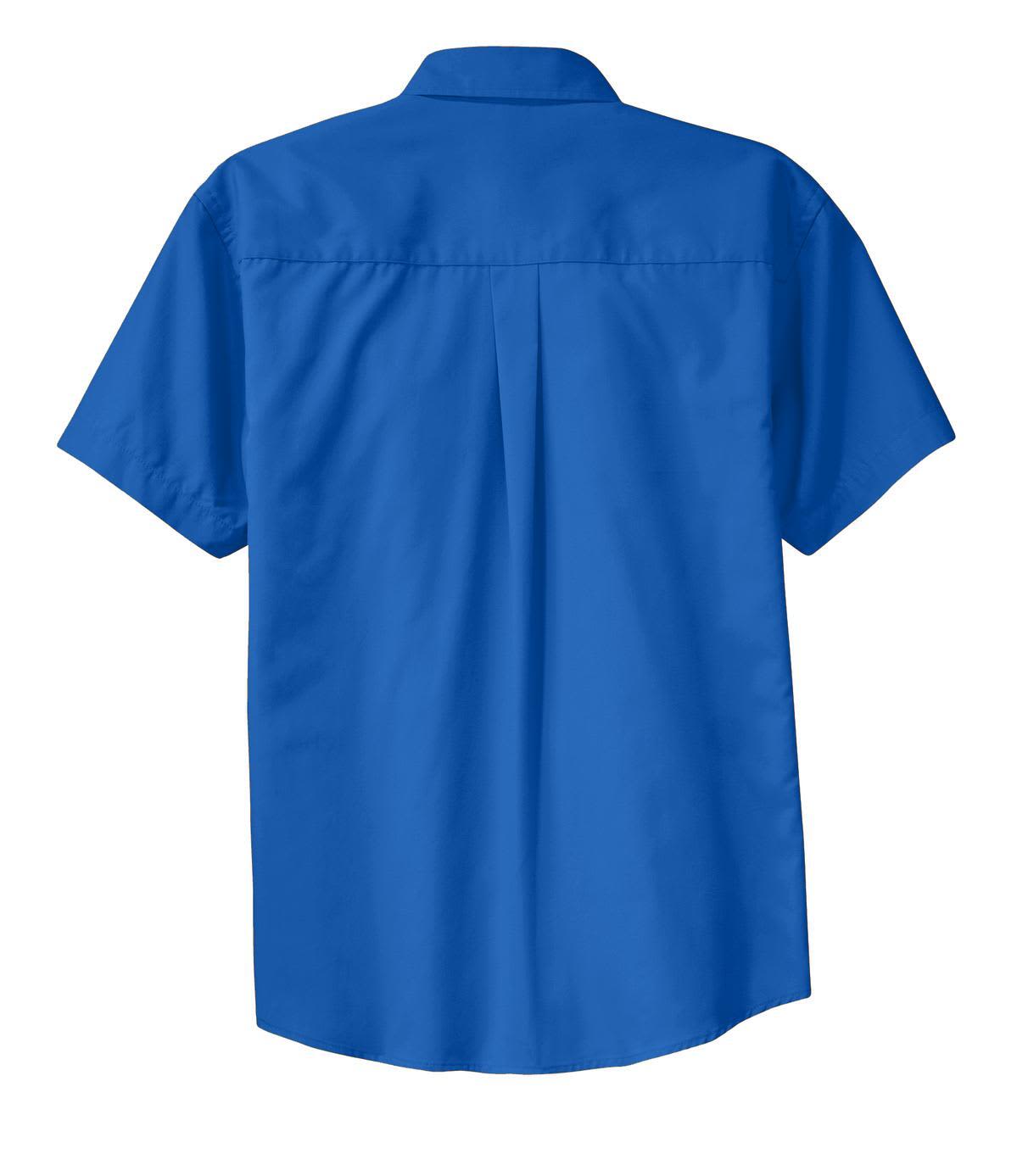 A blue short sleeve button-up shirt with a back pleat and a logo on the upper back.