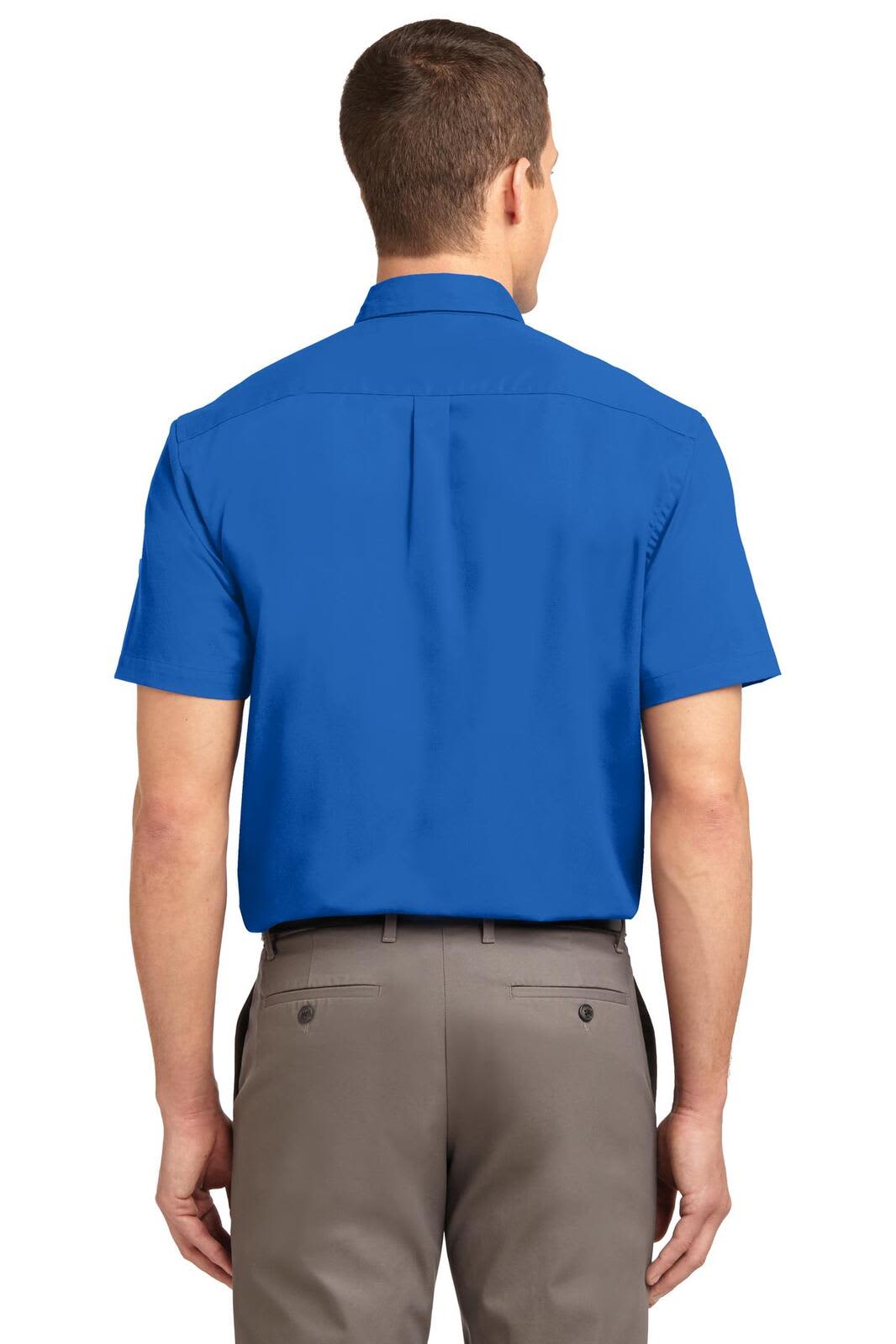 A blue short sleeve button-up shirt featuring a back yoke and a logo.