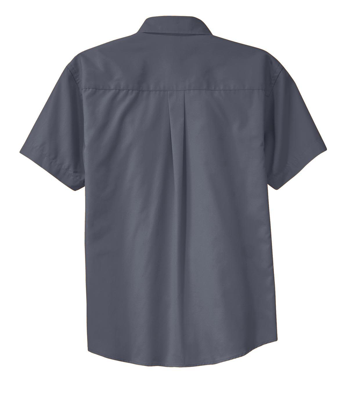 A short sleeve, button-up shirt in grey, featuring a back pleat and a logo at the neckline.