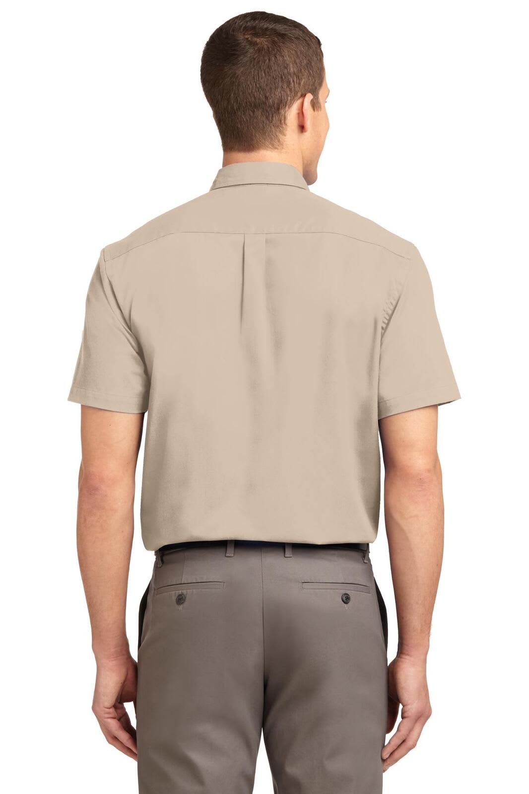 A short sleeve button-up shirt in beige, featuring a back yoke and a logo on the back.