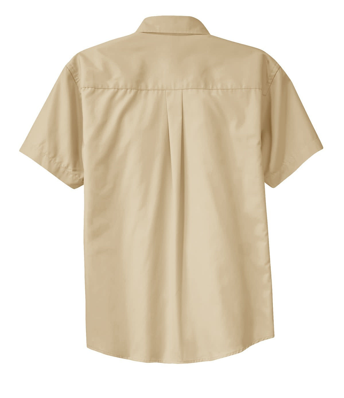 A short sleeve button-up shirt in a light beige colour, featuring a pleated back and a collar. It has a logo.