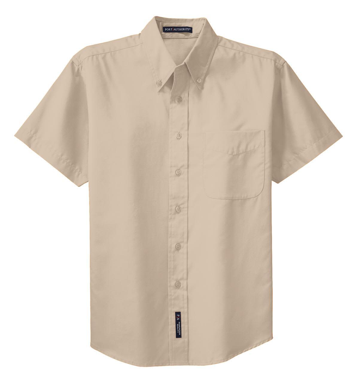 A short-sleeve button-up shirt in beige with a pocket and a logo. Ideal for easy care and casual wear.