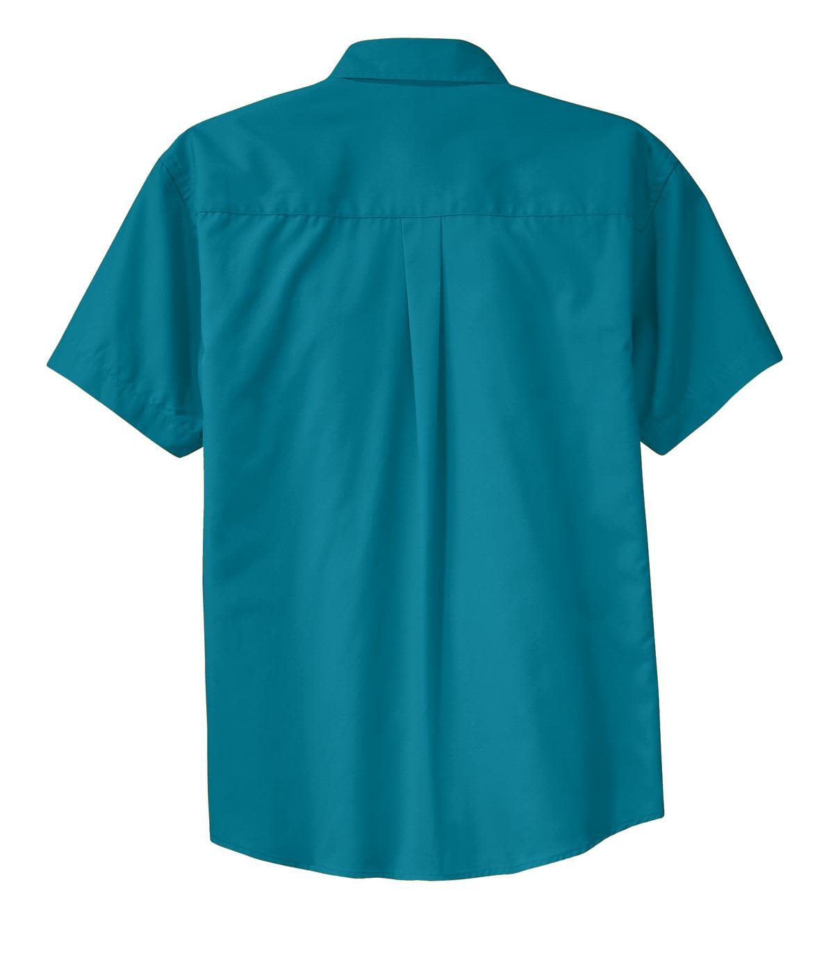 A short-sleeve button-up shirt in teal, featuring a back pleat and a collar. Includes a branding logo.