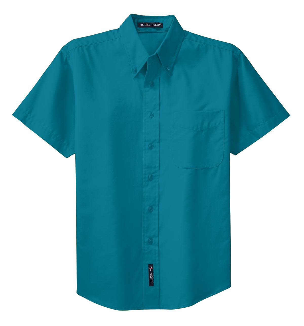 A short sleeve button-up shirt in teal, featuring a pocket and a branding logo.