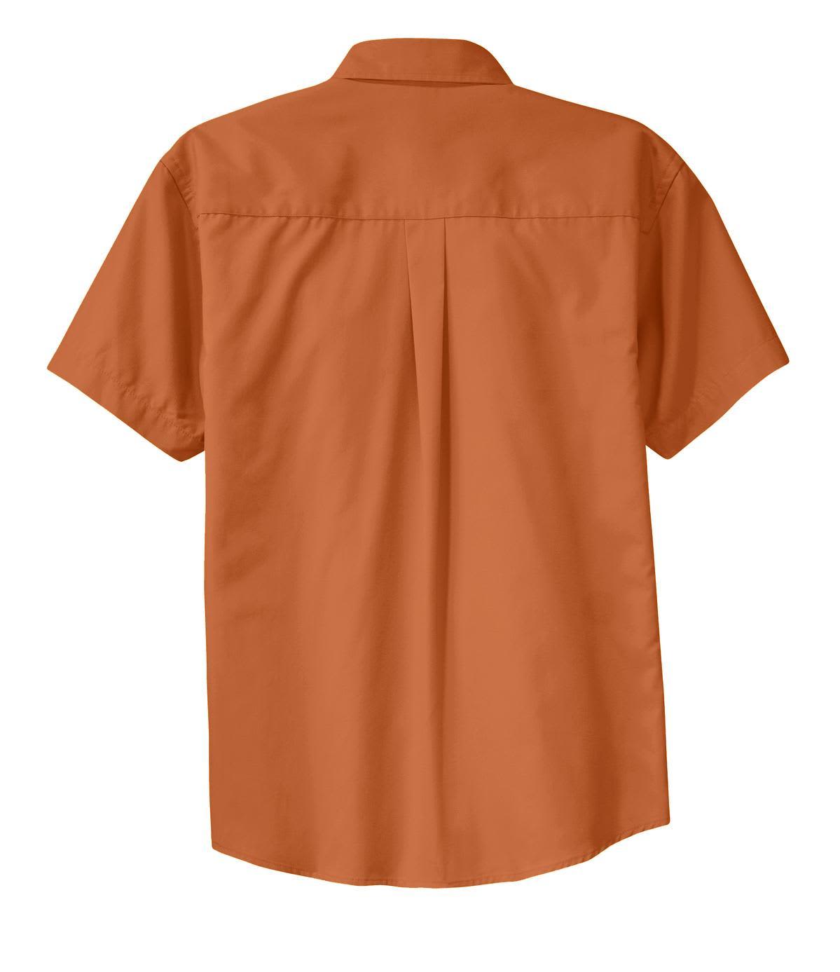 A short sleeve button-up shirt in an orangey-brown hue, featuring a pleat detail at the back and a logo.