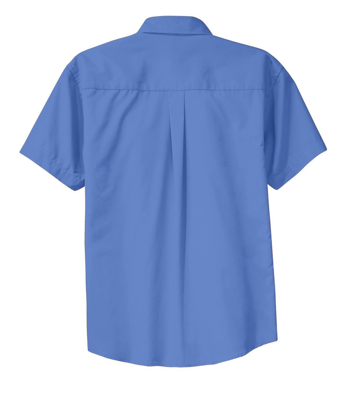 A blue short sleeve button-up shirt featuring a back pleat and a collar. It has a logo on it.