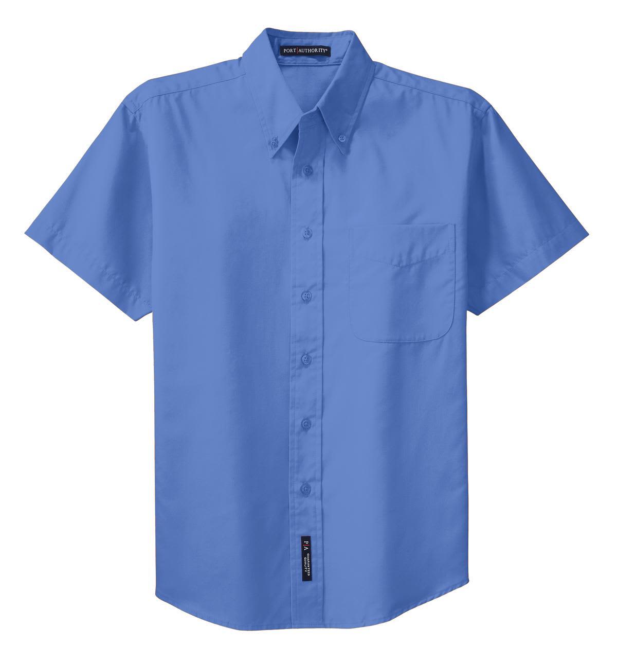 A short sleeve button-up shirt in light blue, featuring a pocket and a logo on the label.