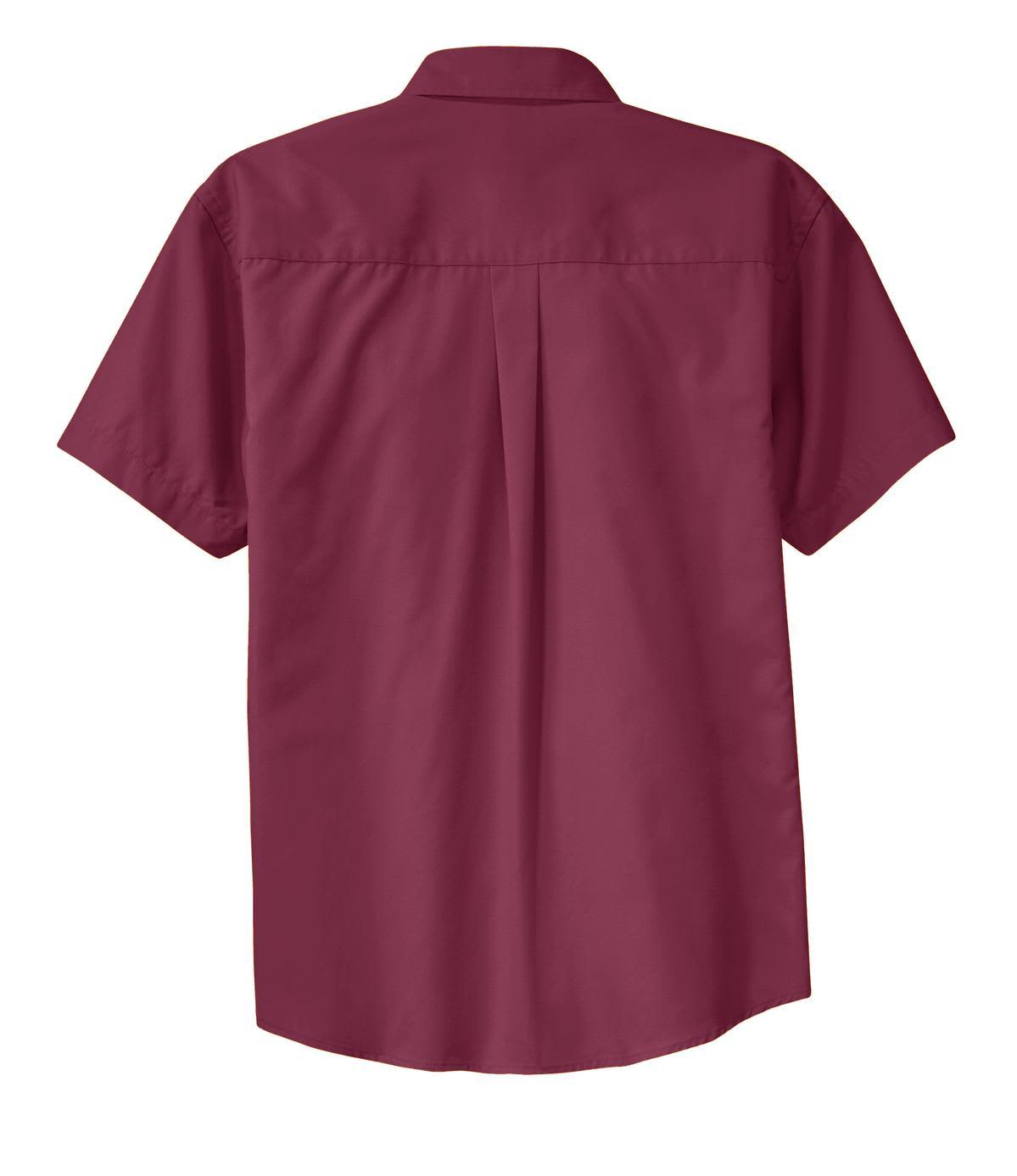 A maroon short sleeve button-up shirt with a back pleat and a logo on the collar.