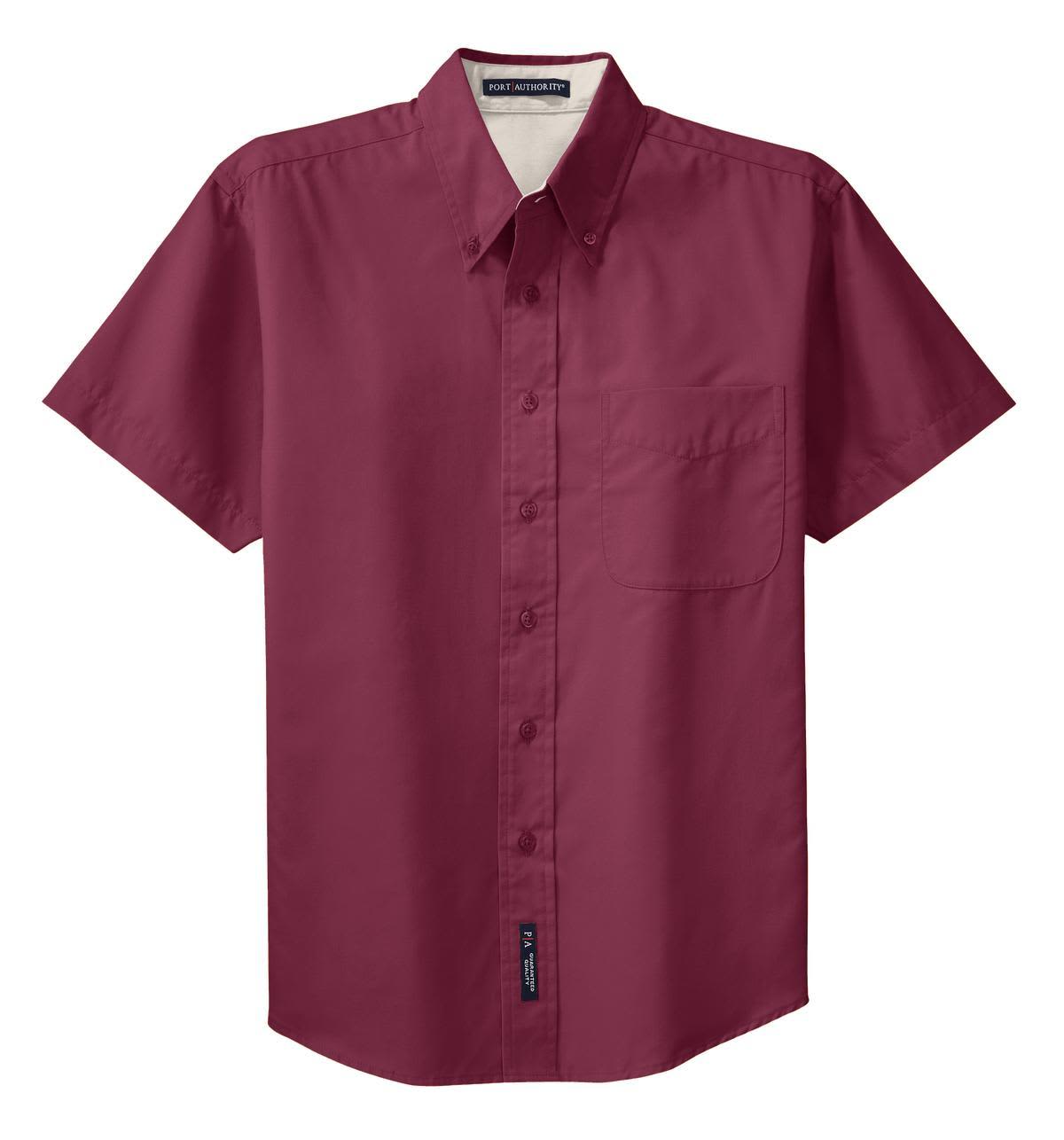 A short-sleeve button-up shirt in burgundy with a single chest pocket and a logo on the side.
