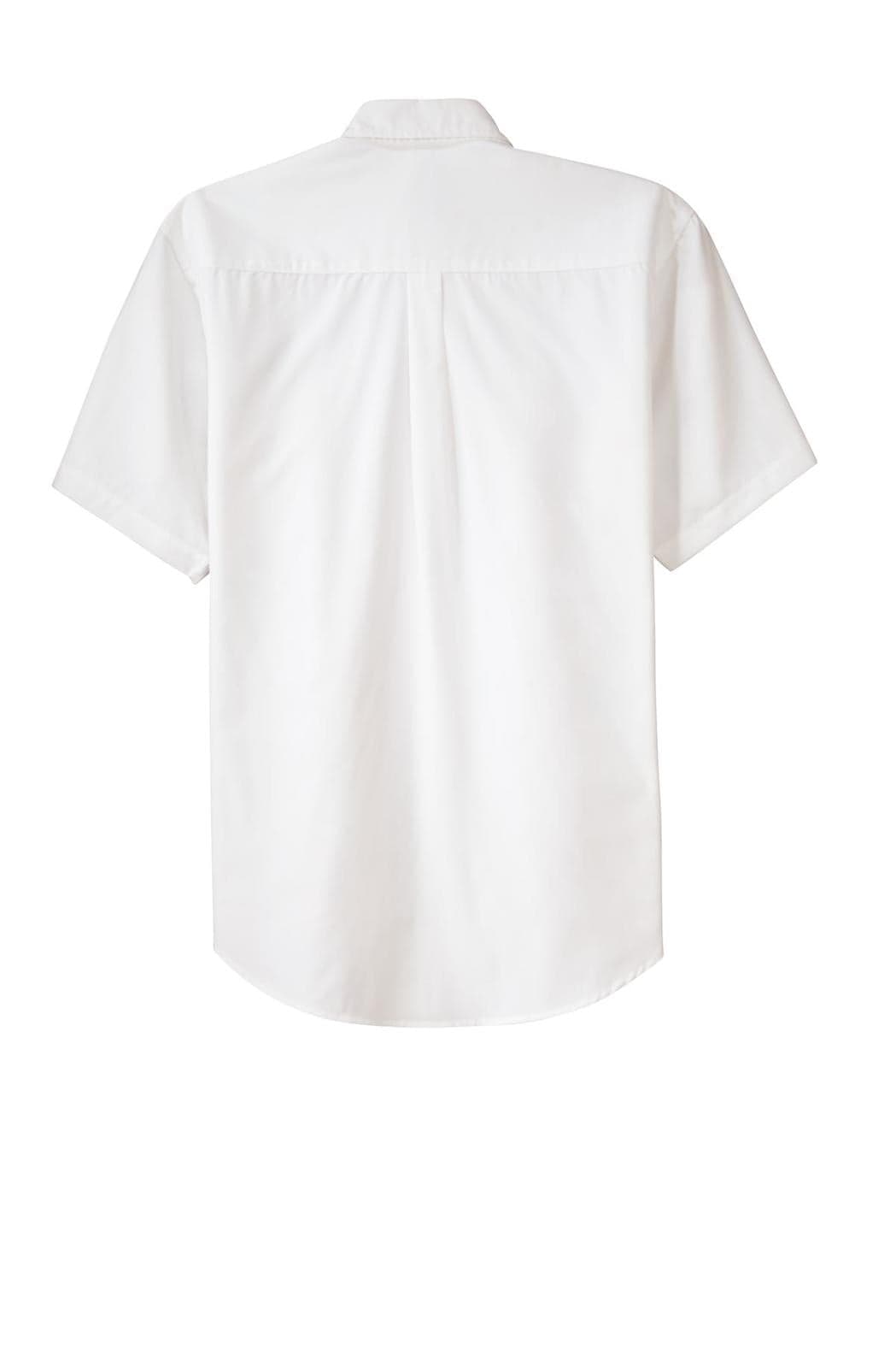 A white short sleeve button-up shirt with a back pleat and a logo.