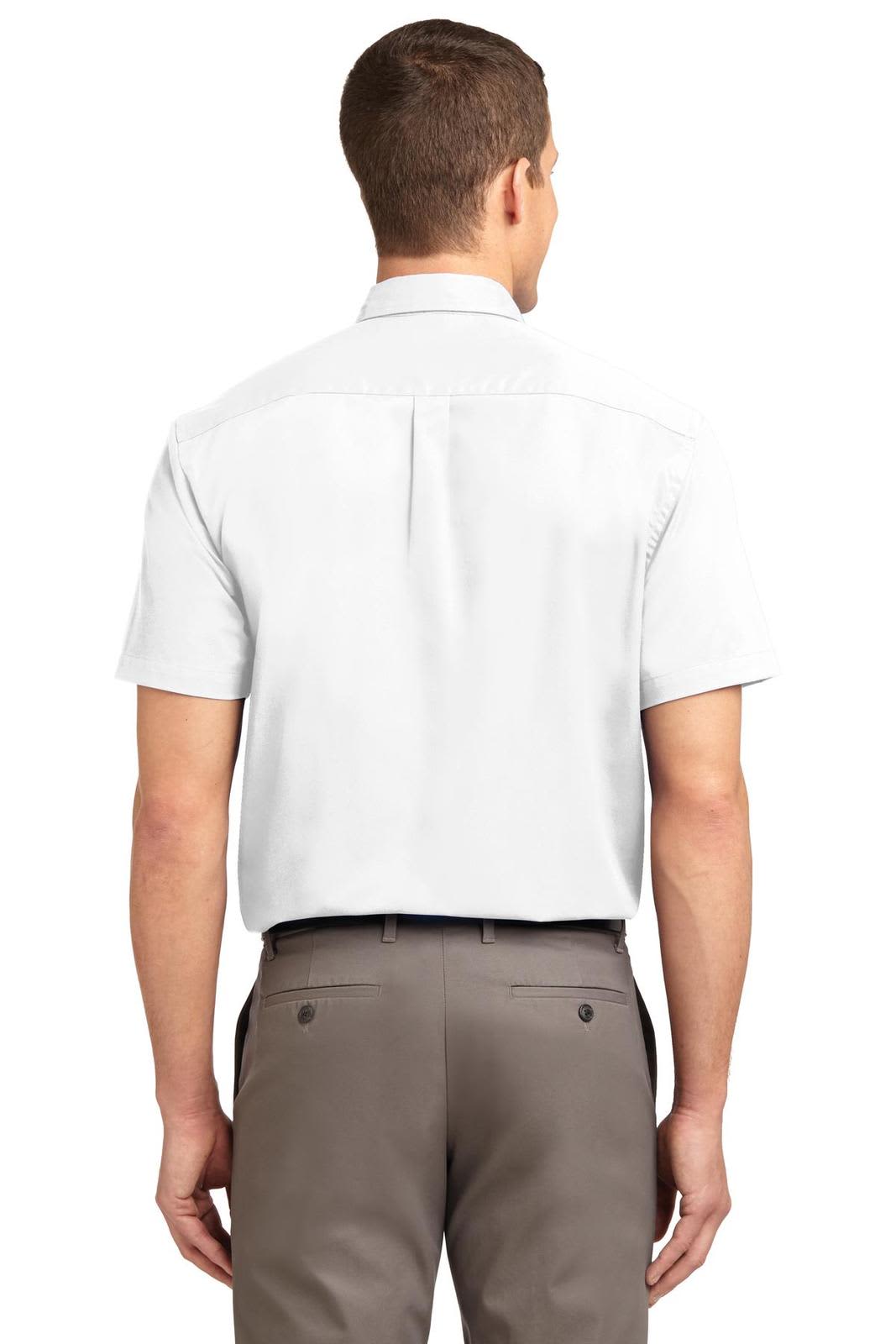 A short-sleeve button-up shirt in white, featuring a back yoke and a logo on the label.