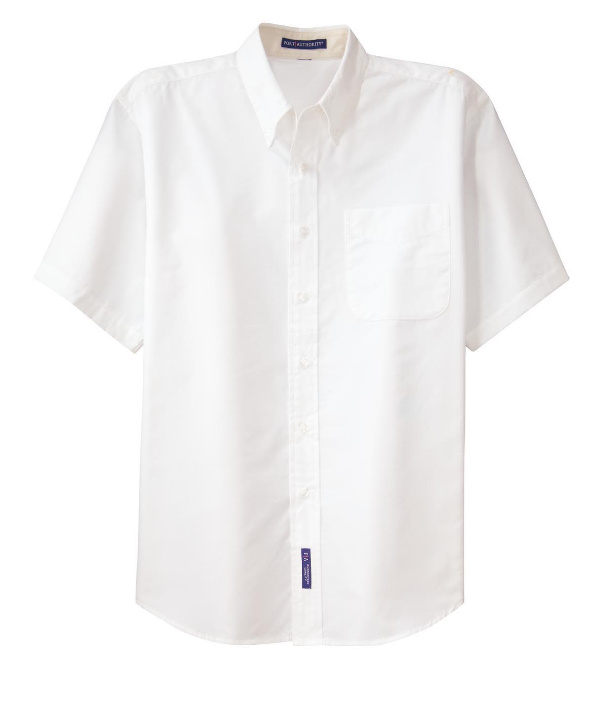 A white short sleeve button-up shirt featuring a pocket and a logo.
