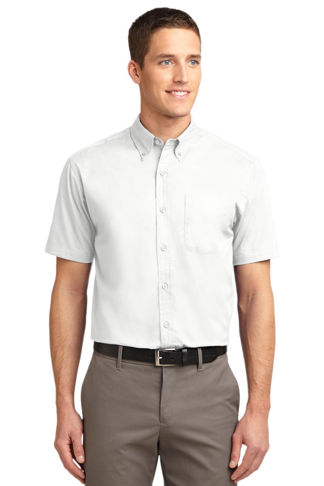 A short sleeve button-up shirt in light grey with a chest pocket and a logo on the upper left.