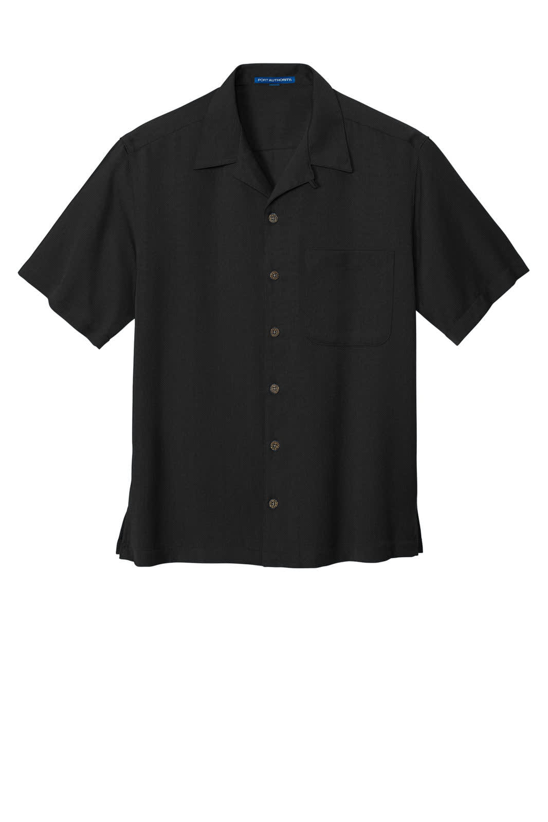A black button-up shirt with short sleeves and a single chest pocket, featuring logo branding.