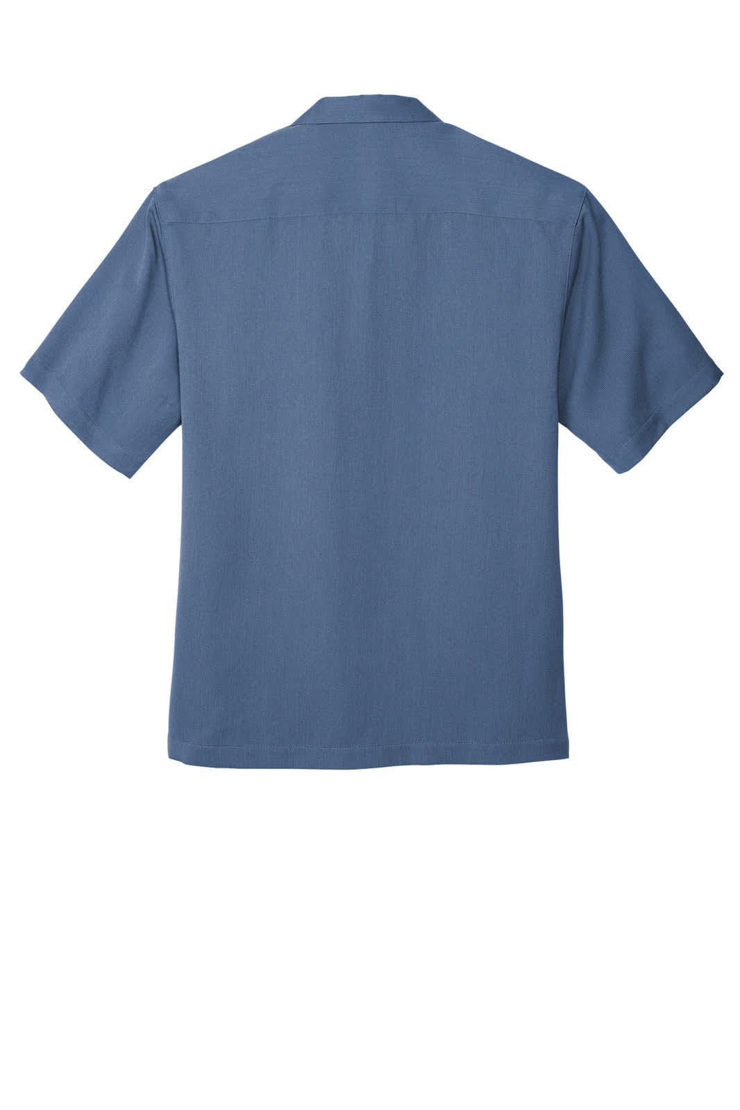 A blue short-sleeve button-up shirt with a back yoke and a logo.