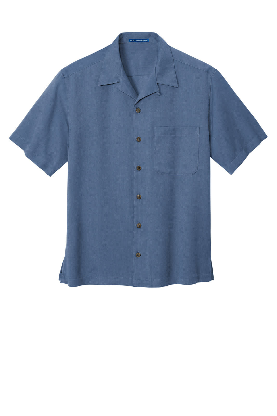A blue short-sleeved button-up shirt featuring a pocket and a branding logo.