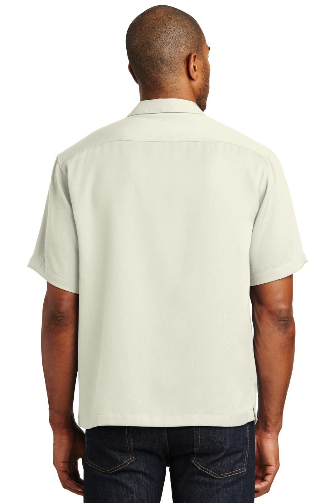 A light grey button-up camp shirt, featuring a back view and short sleeves. The shirt has a logo.