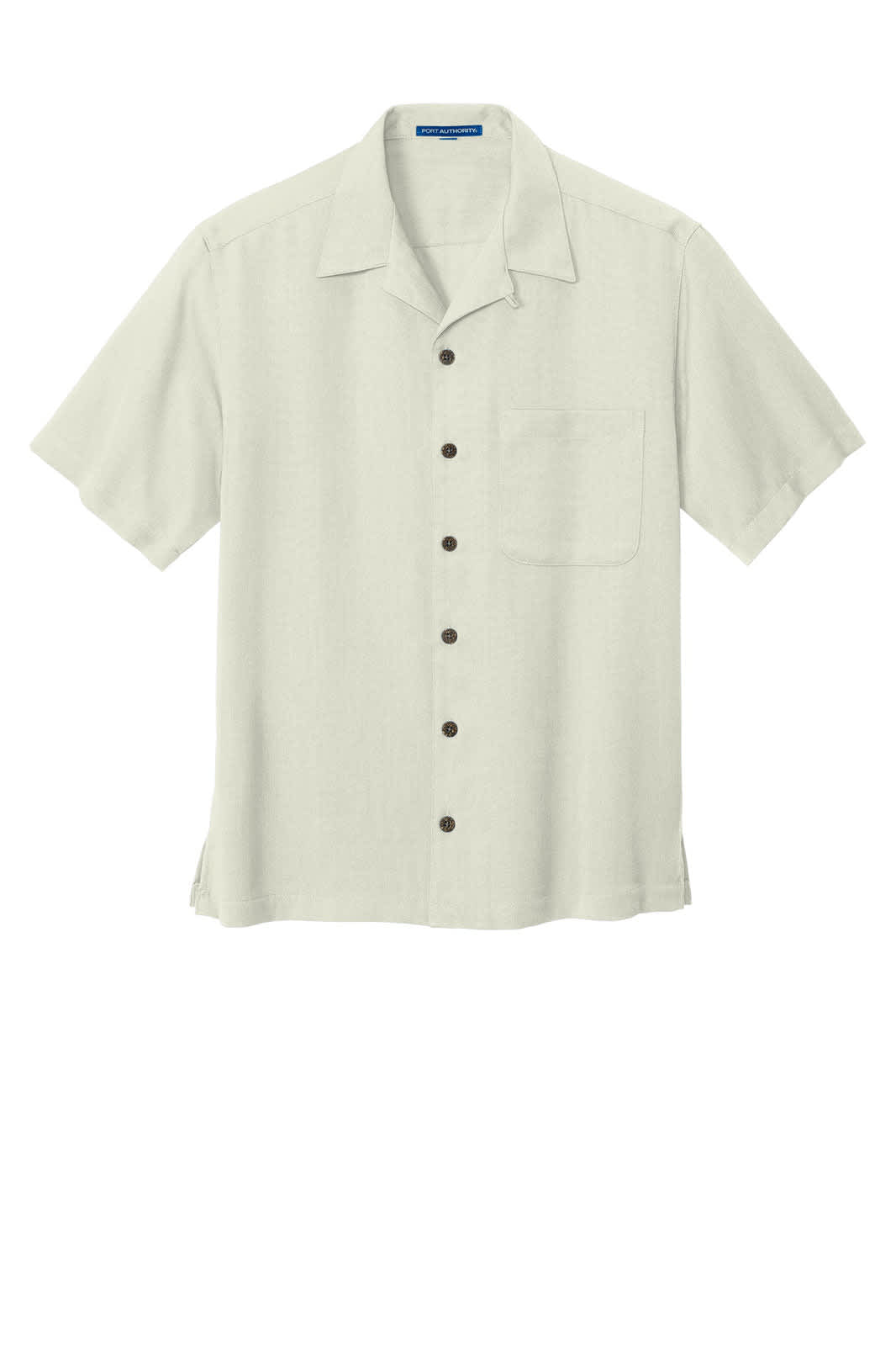 A light grey button-up camp shirt featuring short sleeves and a chest pocket, with a logo on the collar.