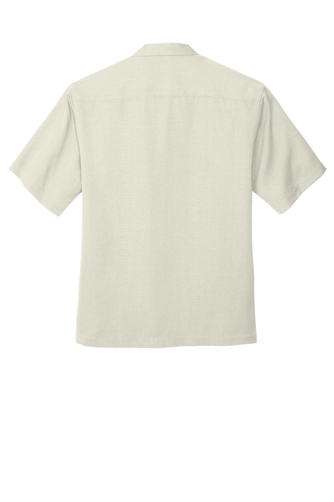 A light beige short-sleeve camp shirt with a classic button-up style and a logo on the back.
