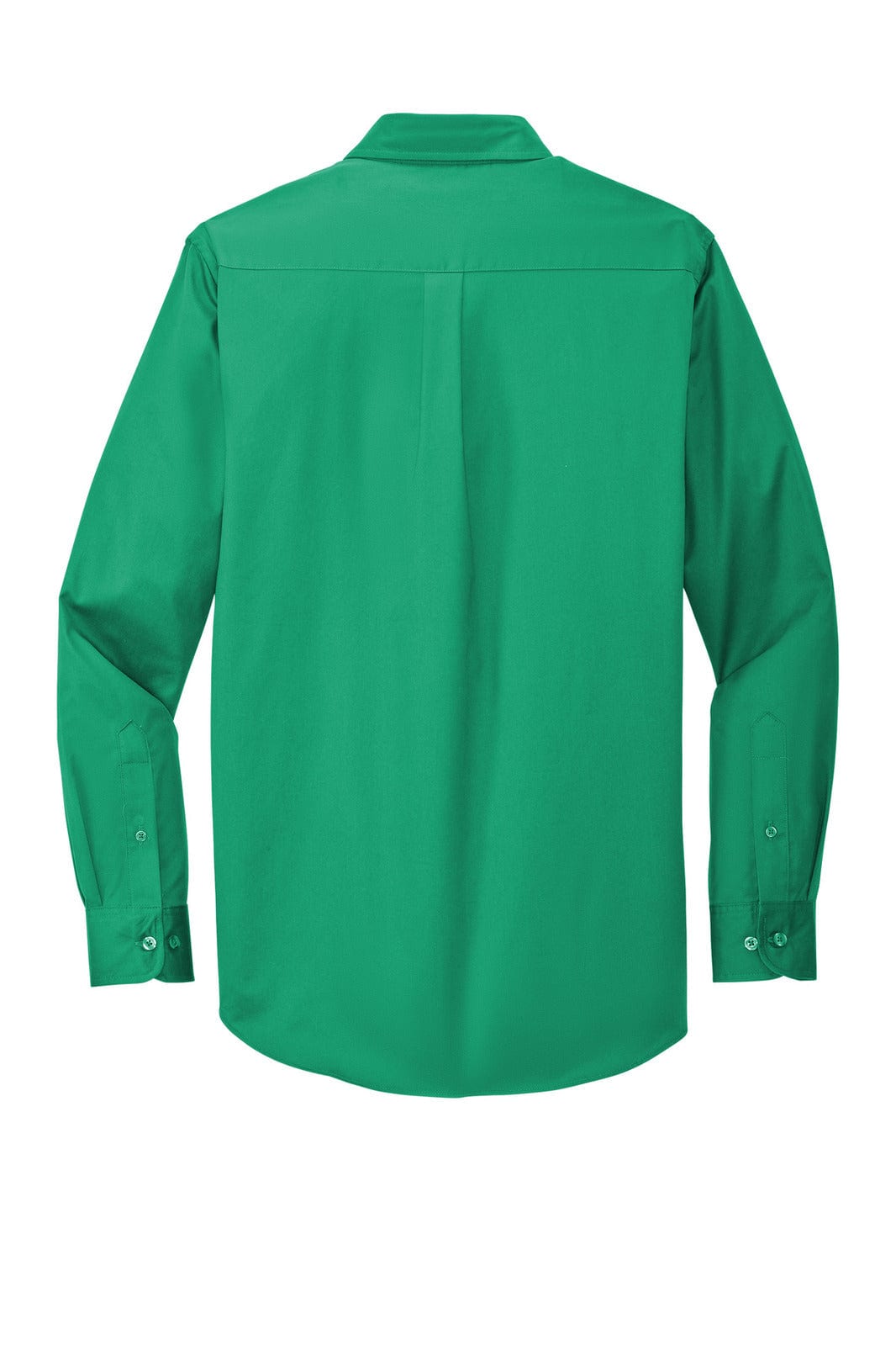 A green long sleeve button-up shirt featuring a back yoke and stylish cuffs. It also includes a logo.