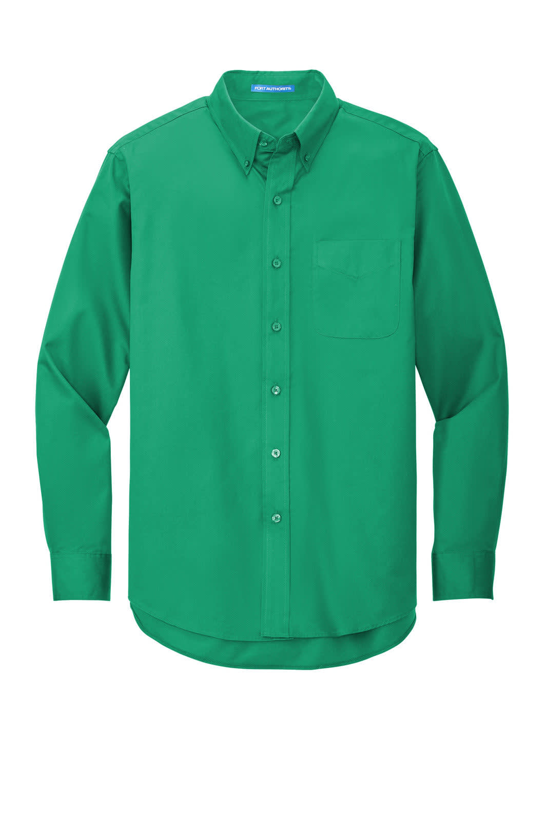 A green long sleeve button-up shirt with a chest pocket and a logo on the collar.