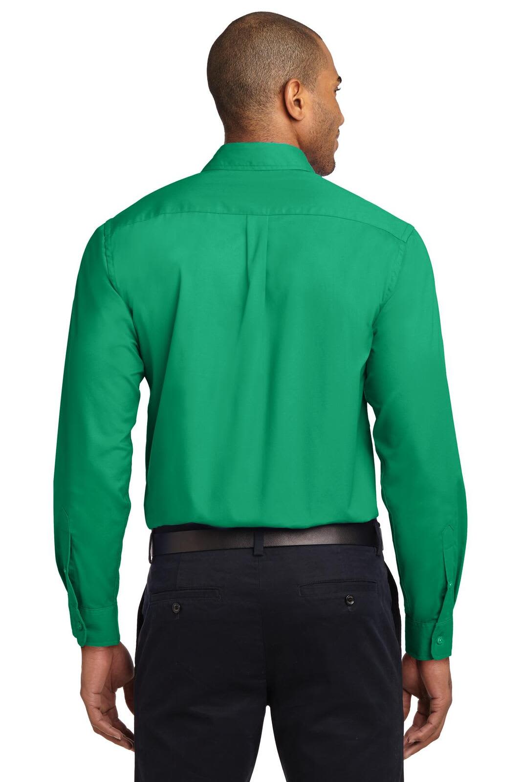 A long sleeve button-up shirt in vibrant green, featuring a back yoke and a single logo.