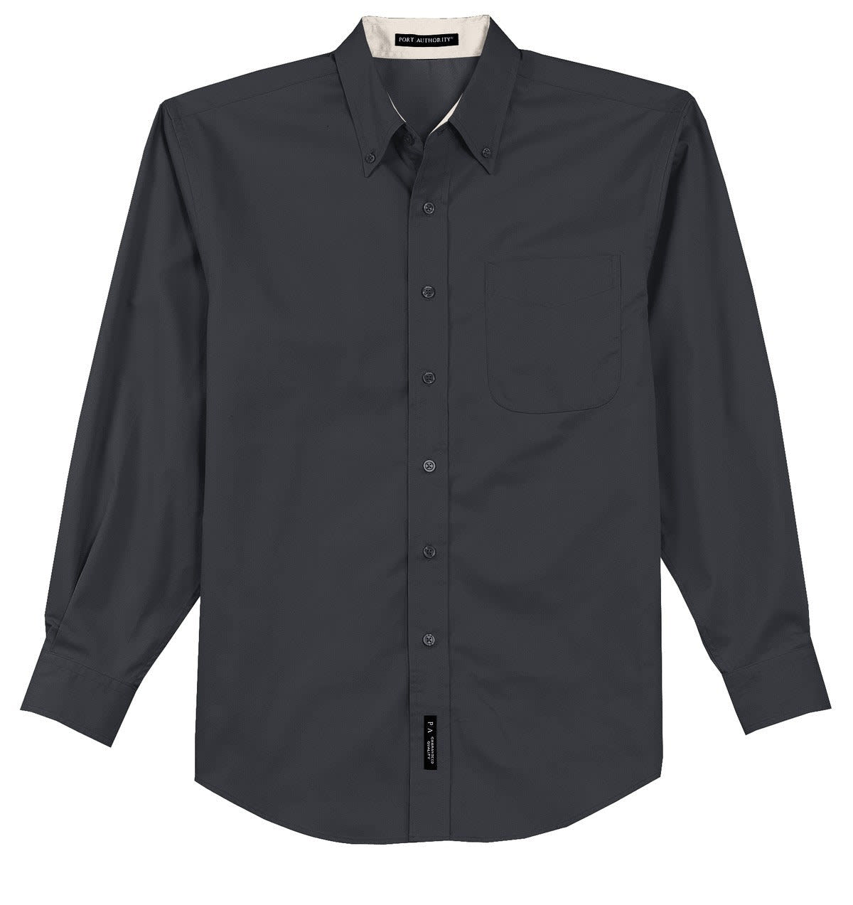 A grey long sleeve button-up shirt featuring a chest pocket and a logo.