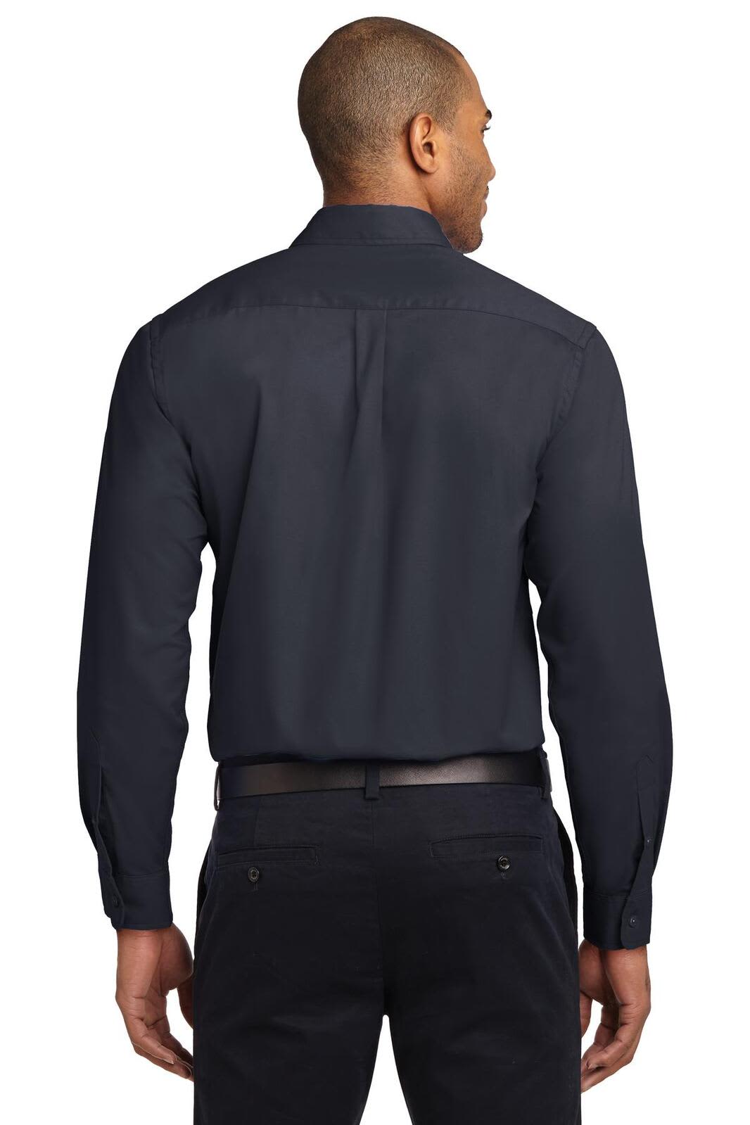 A long sleeve, button-up shirt in navy blue with a back view showing a classic collar and a logo on the collar.