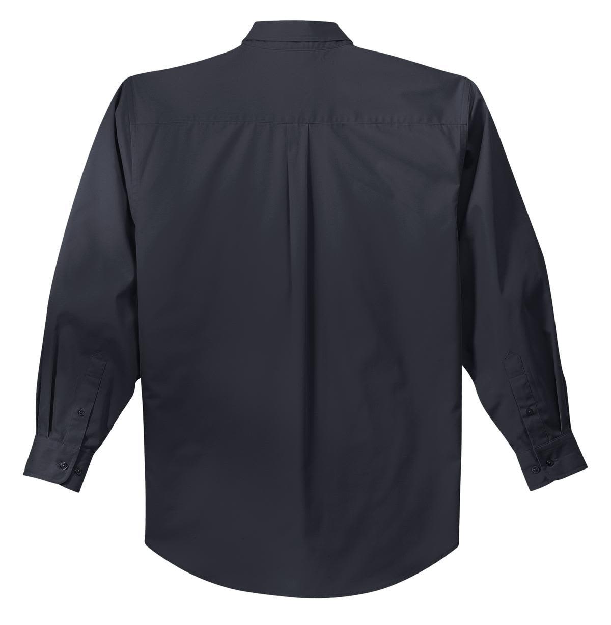 A long sleeve button-up shirt in navy blue with a back pleat and buttoned cuffs, featuring a logo.