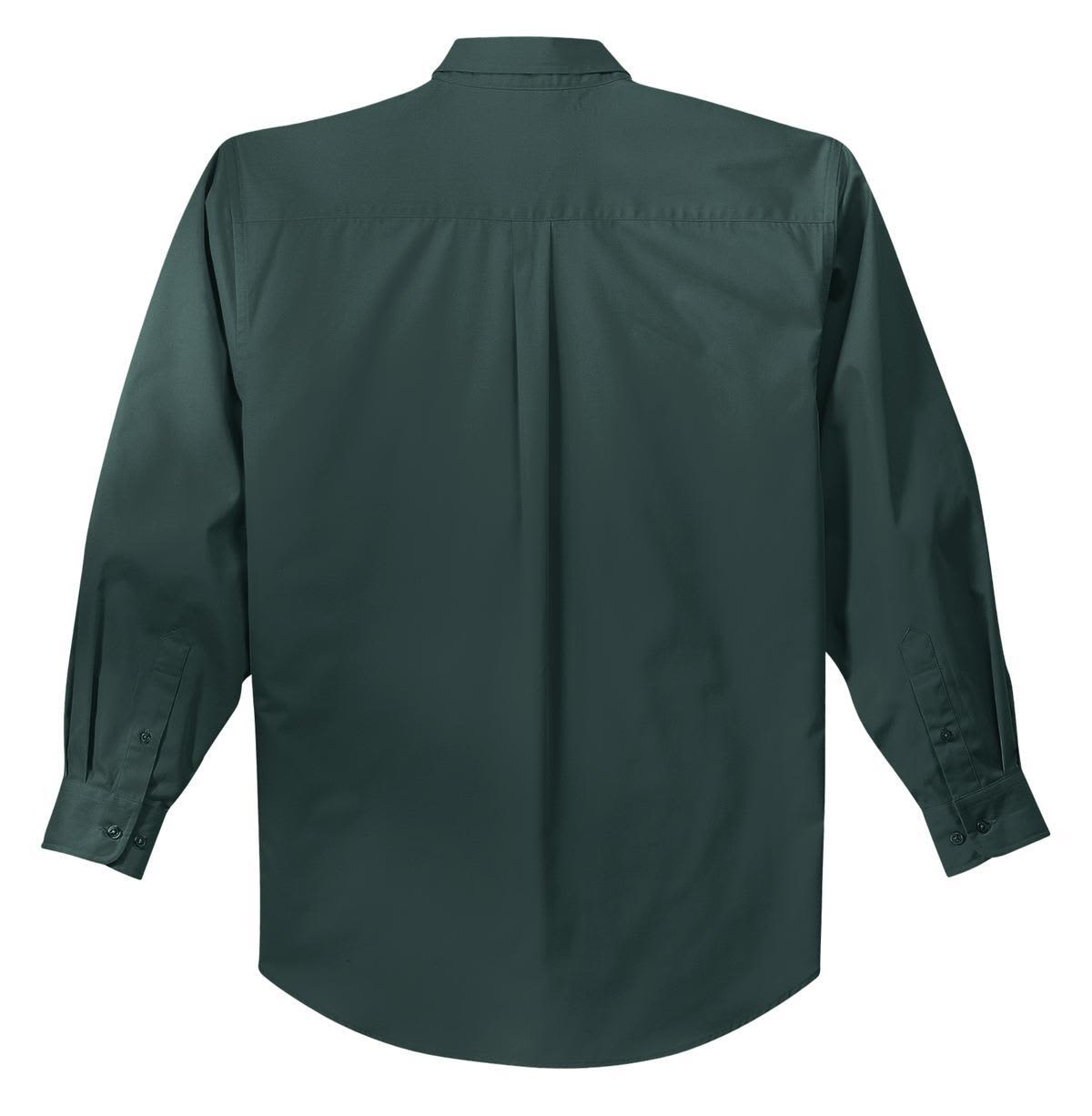 A long-sleeve button-up shirt in dark green with a back yoke and a logo.