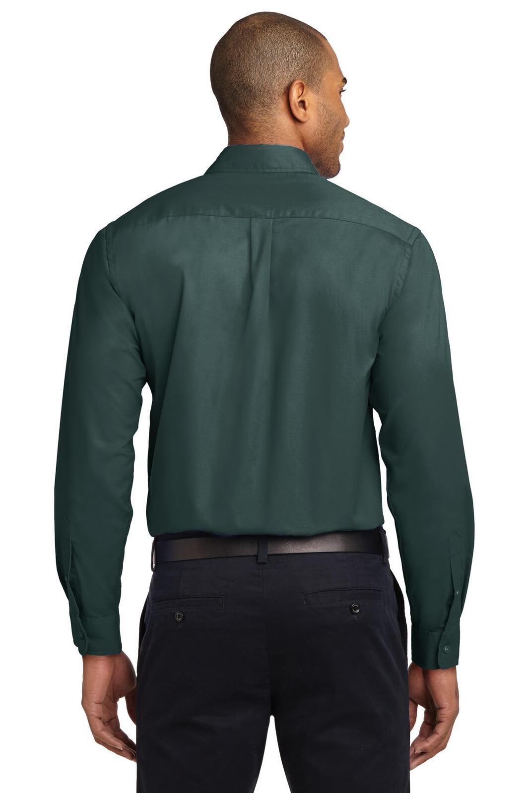 A long sleeve button-up shirt in dark green, featuring a back yoke and a logo on the collar.