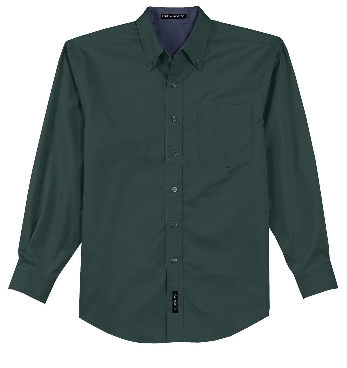 A dark green long sleeve button-up shirt with a chest pocket and a tag on the side.