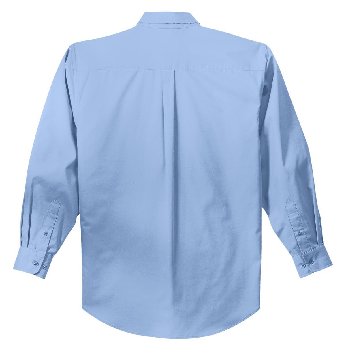 A light blue long sleeve button-up shirt with a back pleat and a collar, featuring a visible logo.
