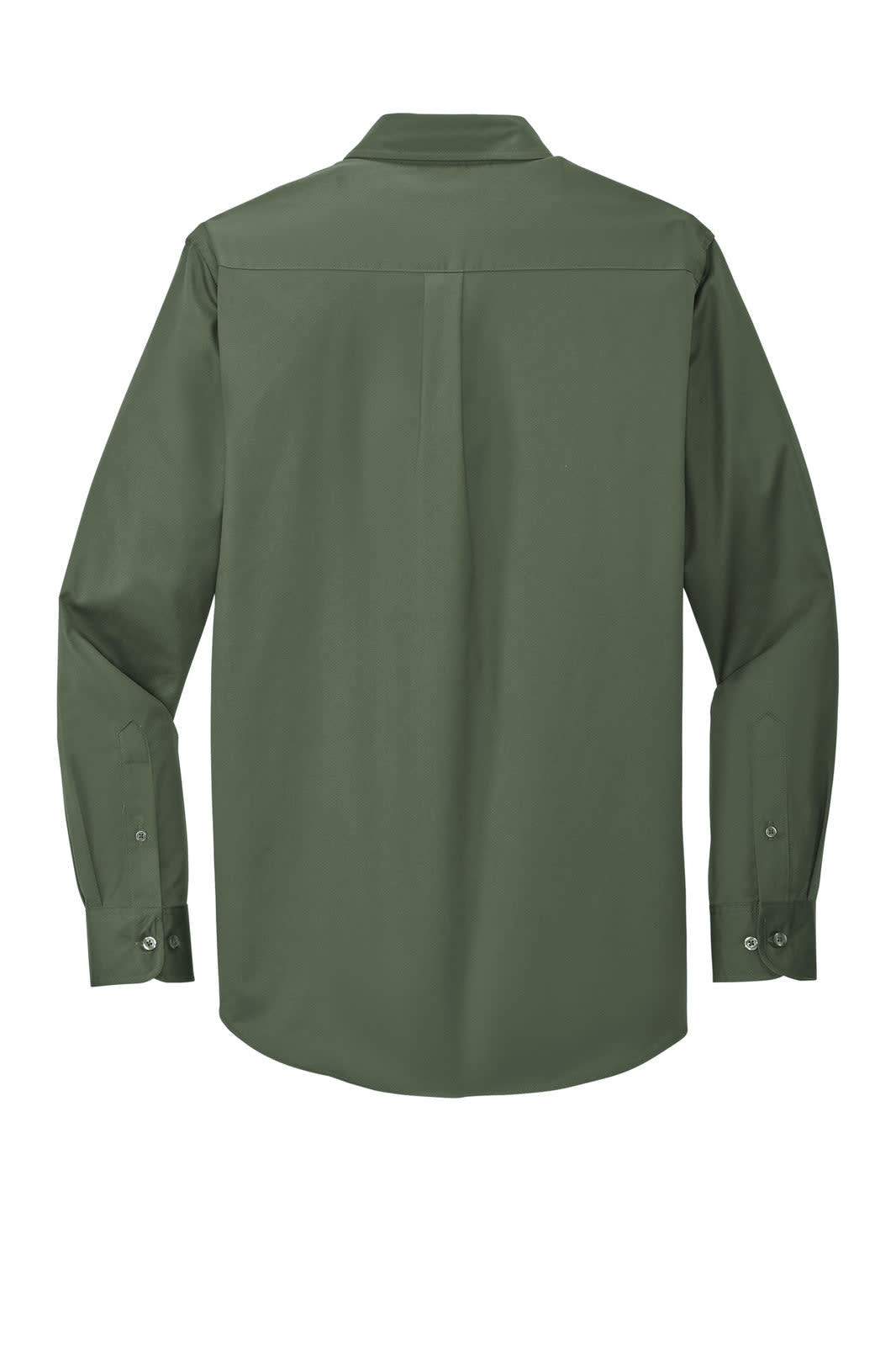 A long sleeve button-up shirt in olive green, featuring a back yoke and a single pleat. It has a logo on the label.