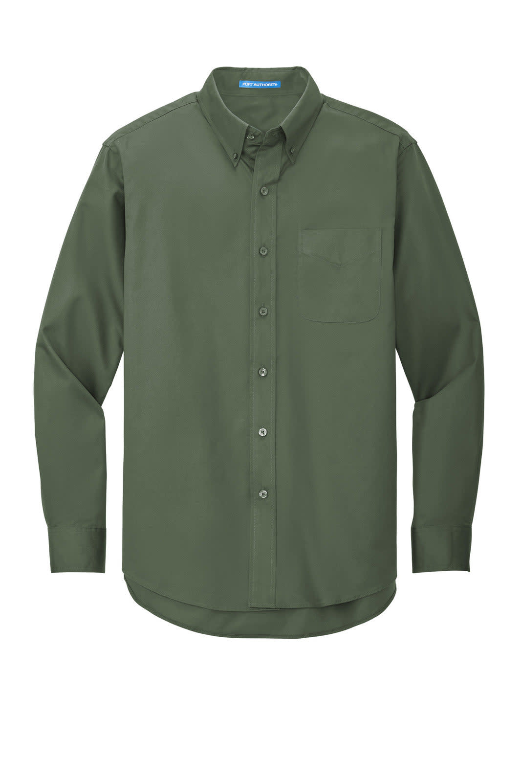 A long sleeve button-up shirt in olive green with a chest pocket and a logo.
