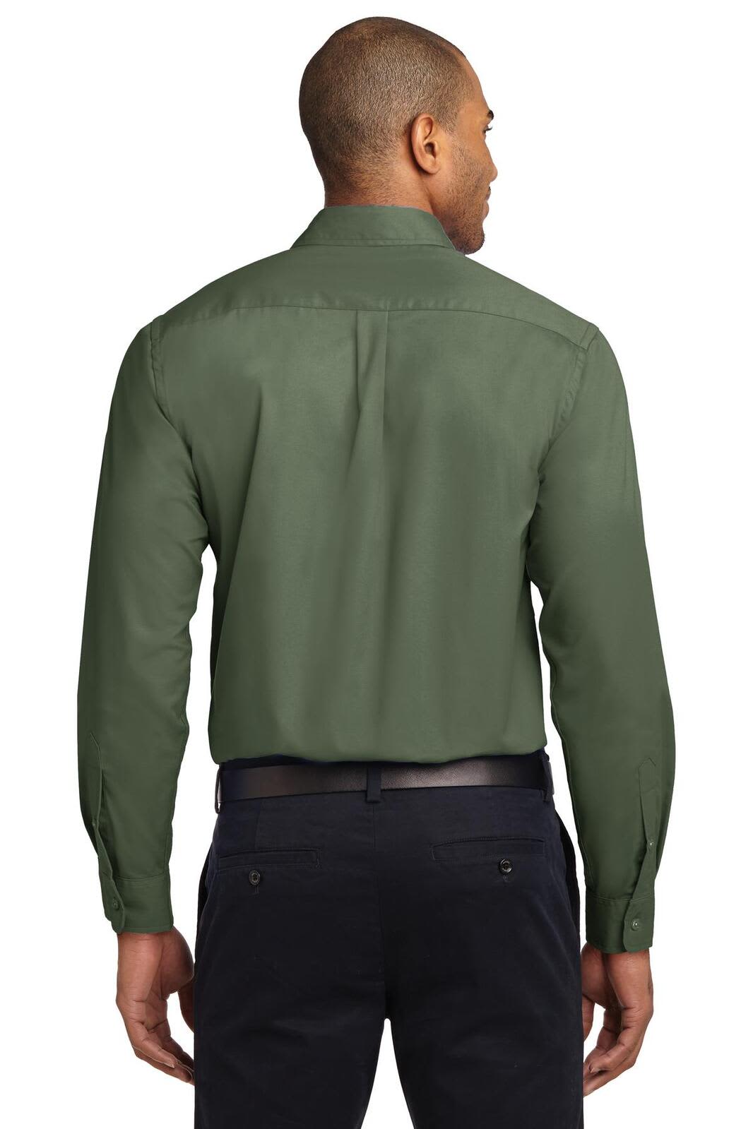 A man wearing an olive green long sleeve button-up shirt, viewed from the back. The shirt has a logo.