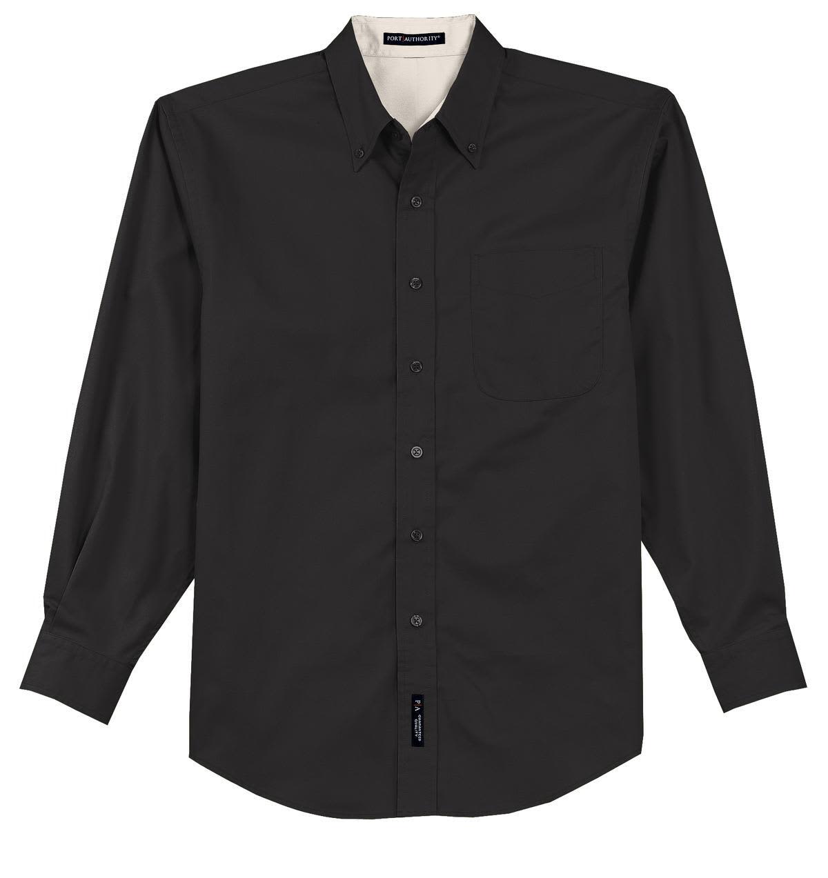 A black button-up long sleeve shirt featuring a pocket and a logo. It has a classic collar and a clean design.