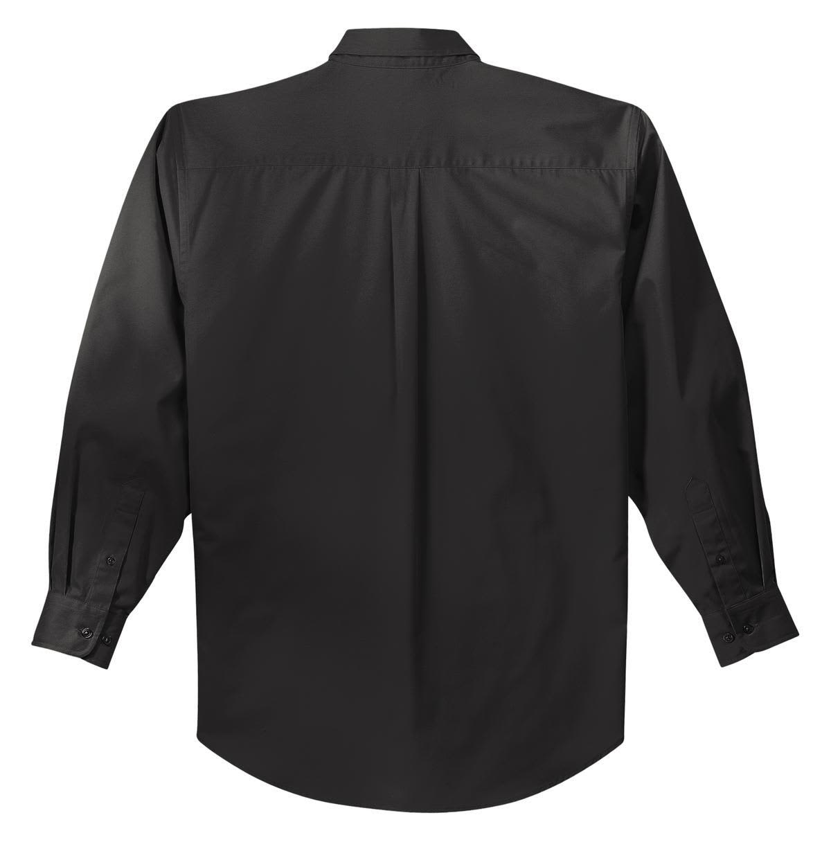 A black long sleeve button-up shirt with a back yoke and buttoned cuffs, featuring a logo.
