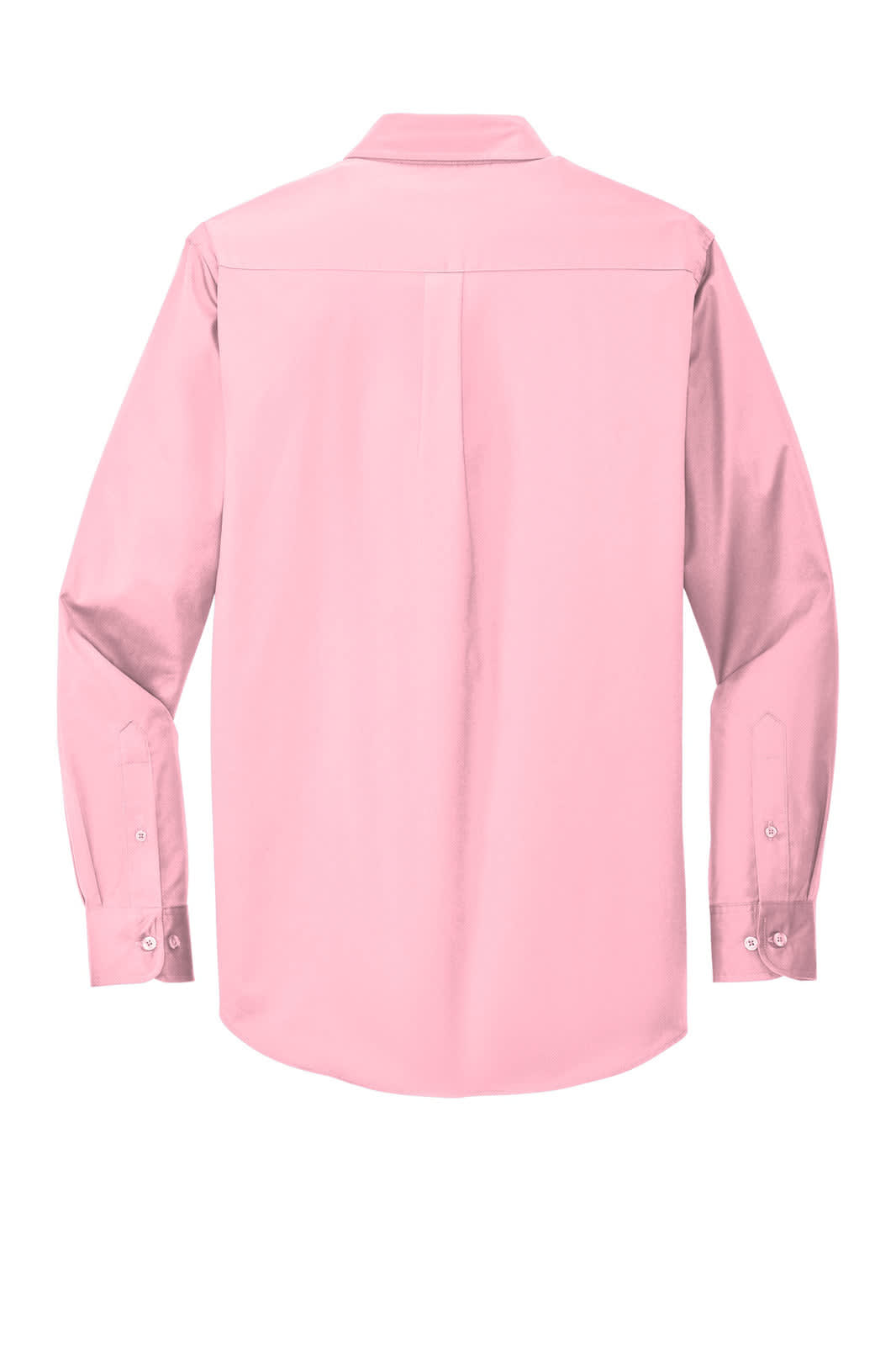 A pink long sleeve button-up shirt featuring a back yoke and a logo on the fabric.