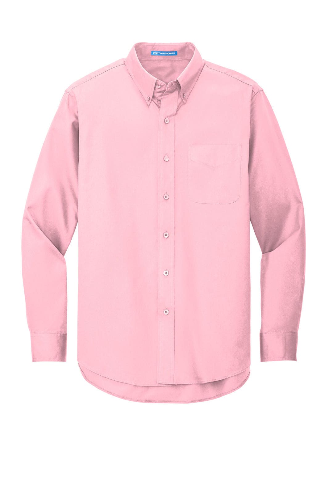 A pink long sleeve button-up shirt with a chest pocket and a logo.