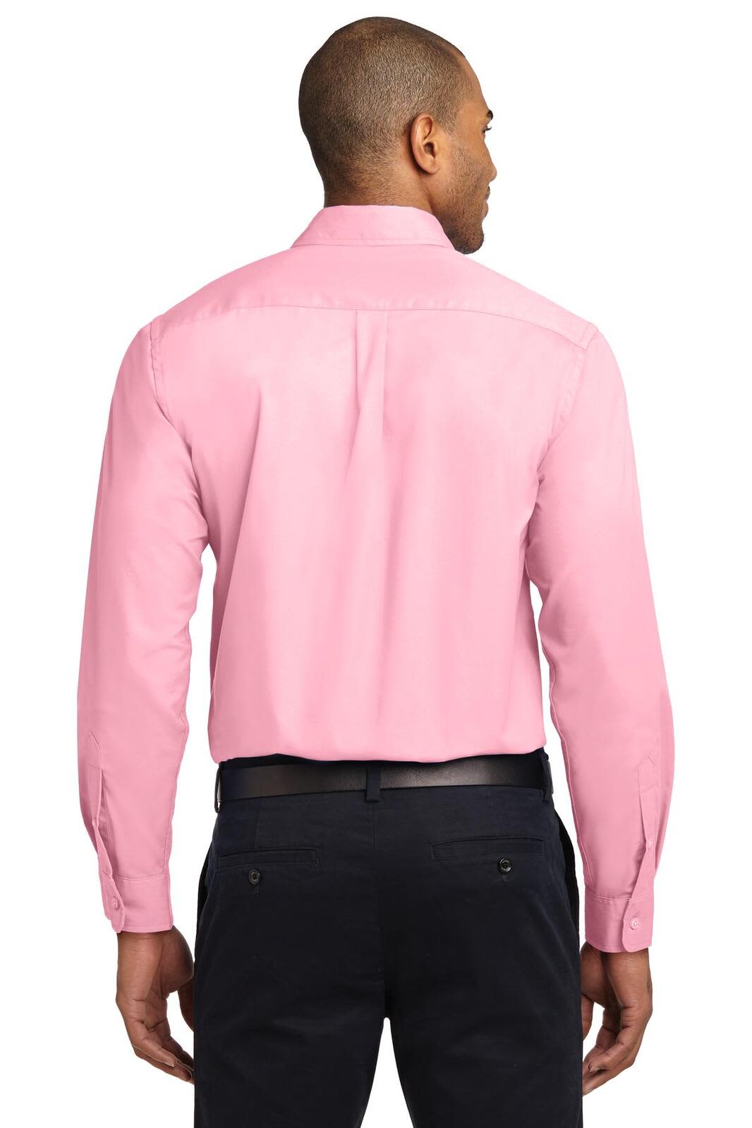 A long sleeve, button-up shirt in pink, featuring a logo on the back, suitable for easy care.