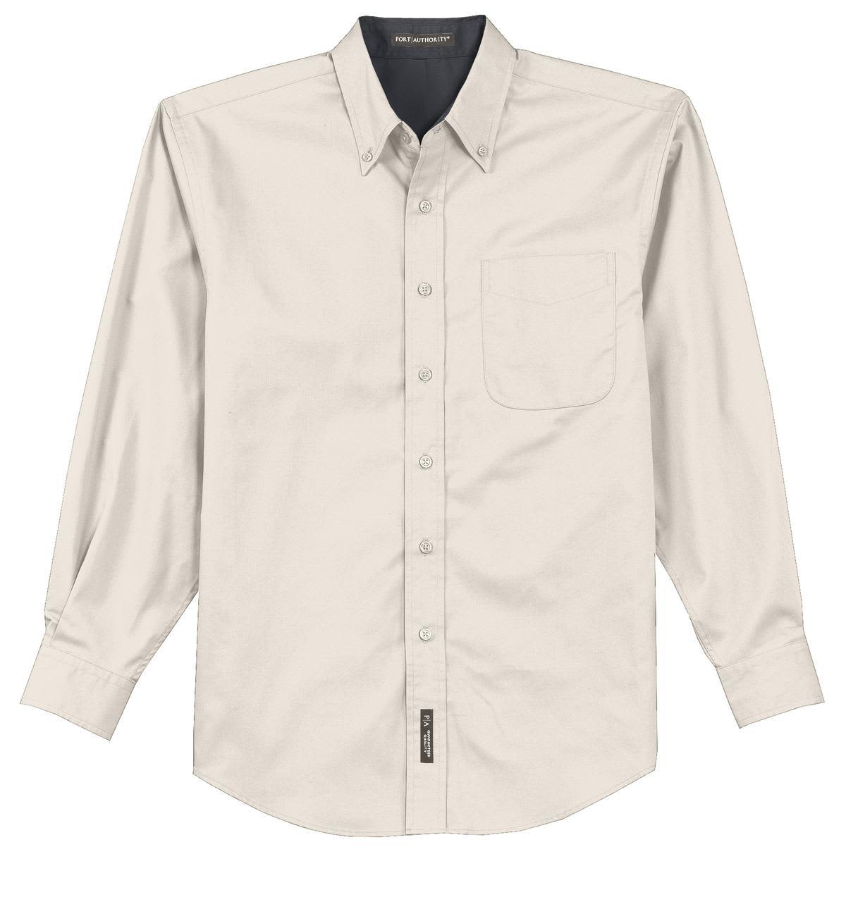 A button-up long sleeve shirt in a light beige colour with a chest pocket and a logo.