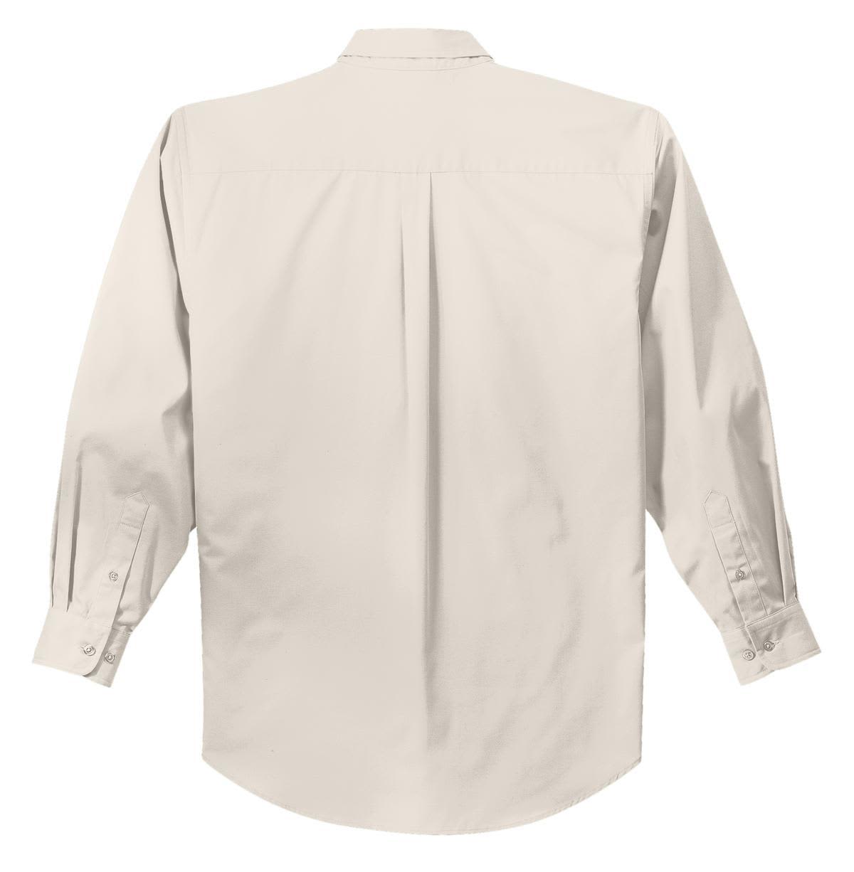 A long sleeve button-up shirt in beige, featuring a back pleat and cuffs, with a logo on the collar.